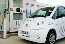 Microcab at the new hydrogen filling station in Swindon